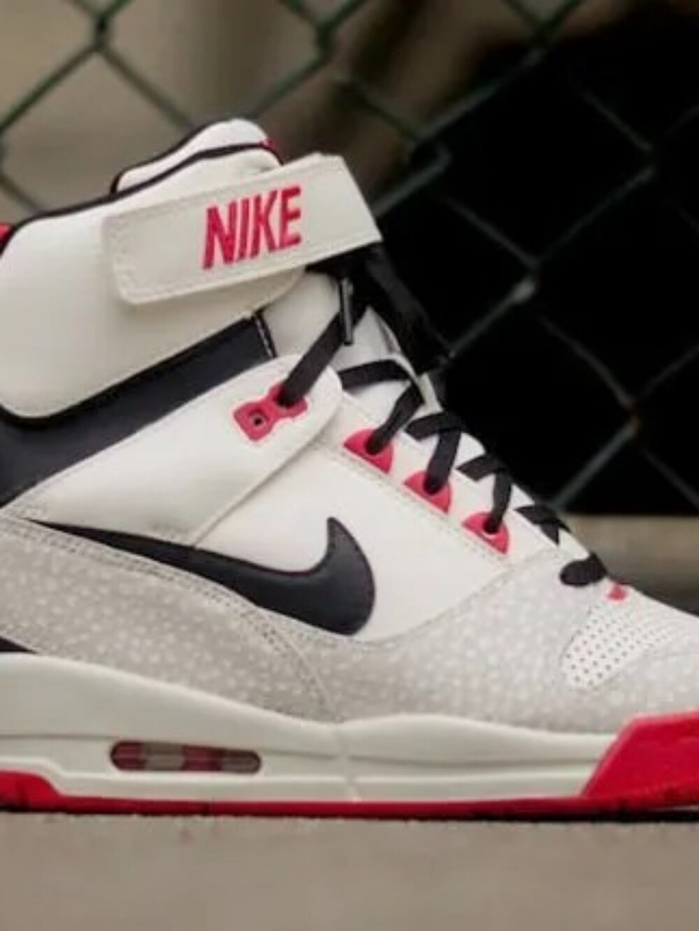 Nike Air Revolution Sky Hi. Women’s Wedge Sneakers in White, Black and Red